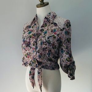 Blouse Sheer Pink Floral AMERICAN RAG Roll Up Sleeves Large